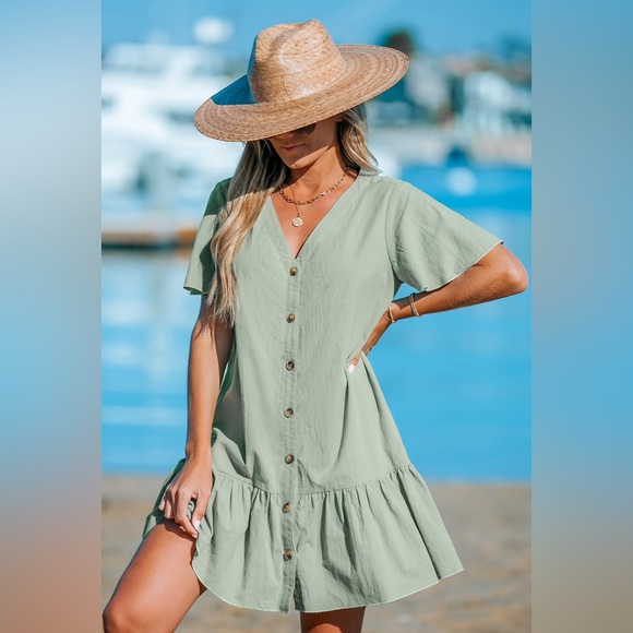 Cupshe Dresses & Skirts - Sage Button up V-neck flounce dress. Beach dress. Vacation dress. Summer dress.